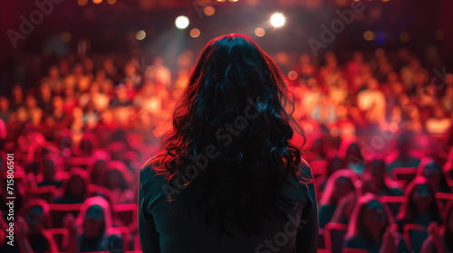 Woman Facing Audience in Spotlight During Presentation
