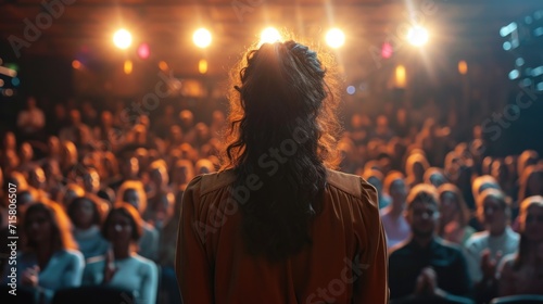 Woman Facing Audience in Spotlight During Presentation