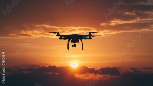 Unmanned Aerial Vehicle (UAV) Drone Silhouetted Against Sunset Sky © romanets_v