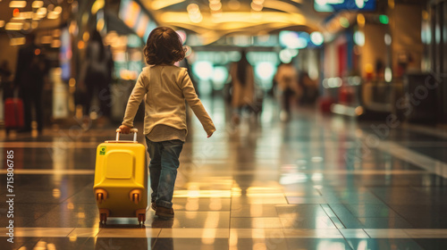 Young child walking through a brightly lit airport tunnel, pulling along a bright yellow suitcase.