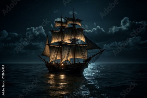 nighttime sailing vessel - CG image. Generative AI