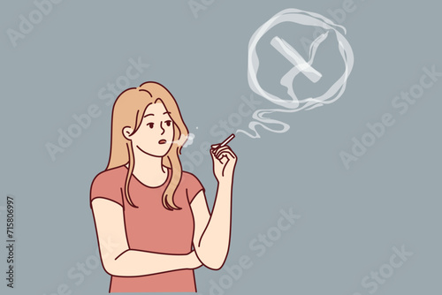 Woman smokes cigarettes, releasing smoke into lungs and risks getting cancer due to bad habit. Girl smokes tobacco and nicotine, which negatively affects health or undermines human immunity.