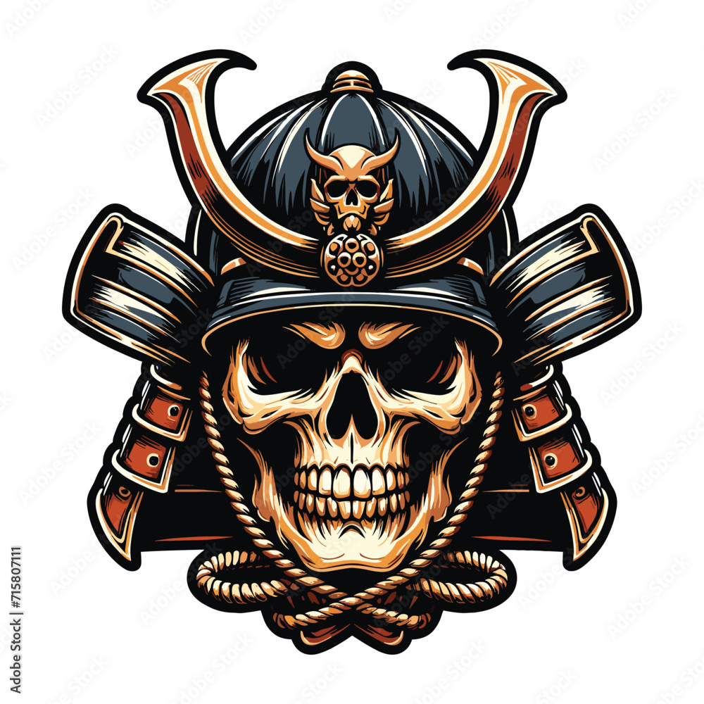 skull head face with samurai helmet design vector illustration. Traditional Japanese culture. Tattoo print. illustration for t-shirt print, fabric and other uses. Isolated on white background skull head face with samurai helmet design vector illustration. Traditional Japanese culture. Tattoo print. illustration for t-shirt print, fabric and other uses. Isolated on white background