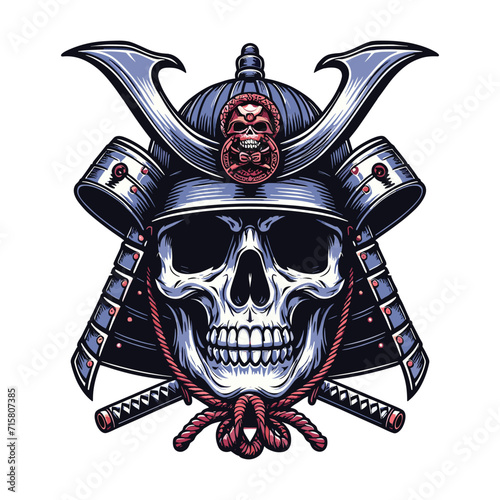 skull head face with samurai helmet design vector illustration. Traditional Japanese culture. Tattoo print. illustration for t-shirt print, fabric and other uses. Isolated on white background