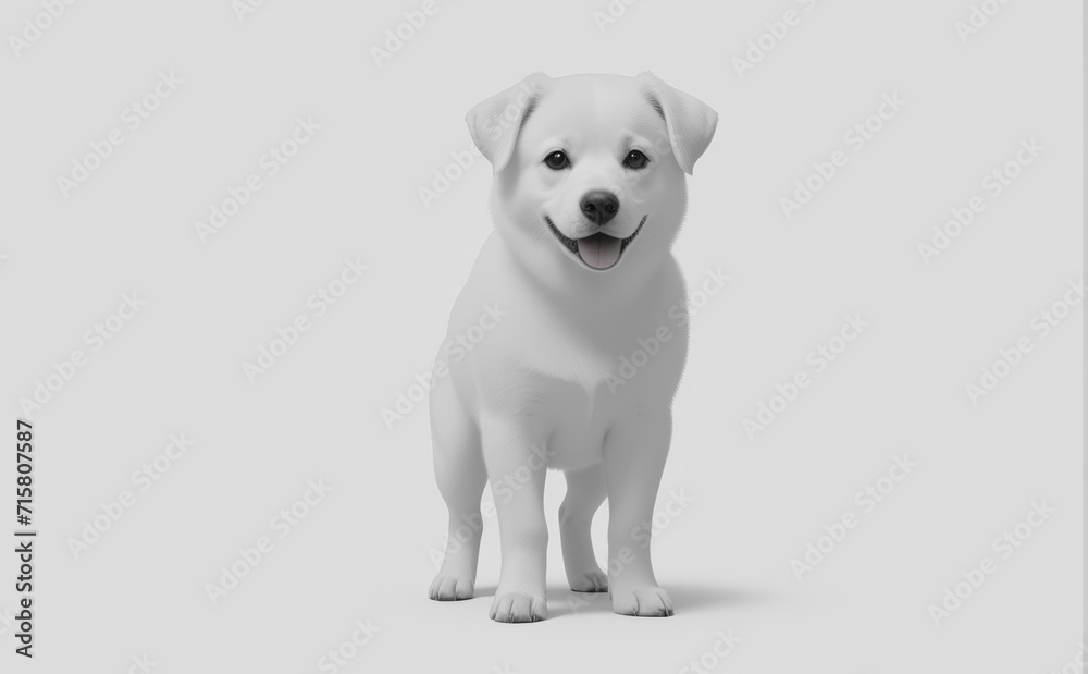 Cheerful white puppy with a friendly smile, 3D rendered against a pure white backdrop for a modern and clean presentation
