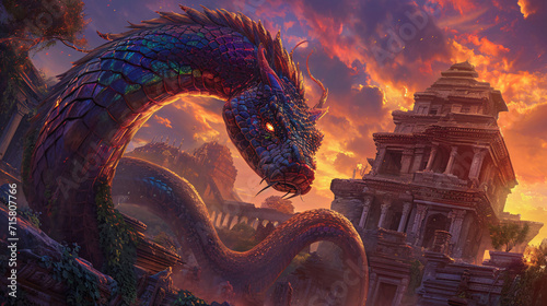 A Majestic Naga Serpent Coiling Around an Ancient Temple Ruins at Sunset, Symbolizing Mystery and Ancient Lore photo