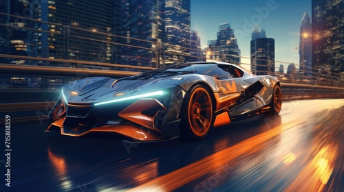 A high-speed supercar tearing through the city streets in a thrilling race. photo
