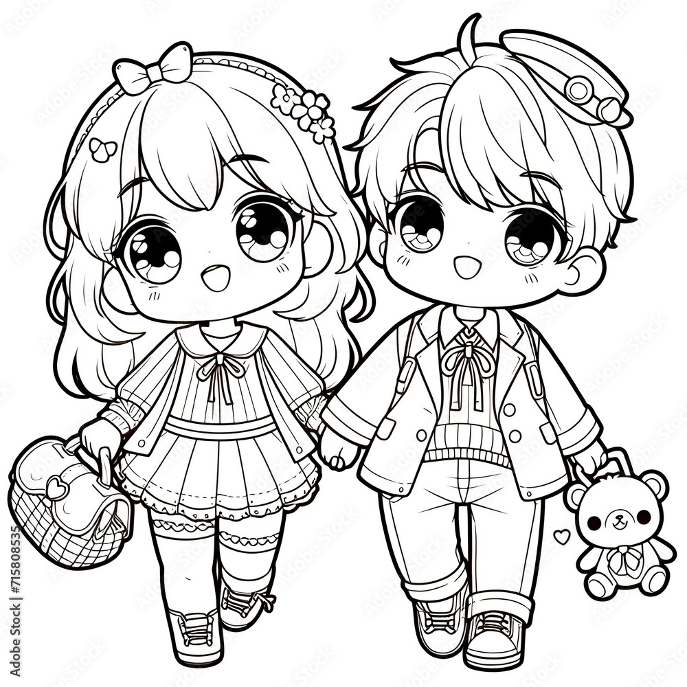 Cute girl and boy coloring book page, line art Cute girl and boy coloring book page, line art