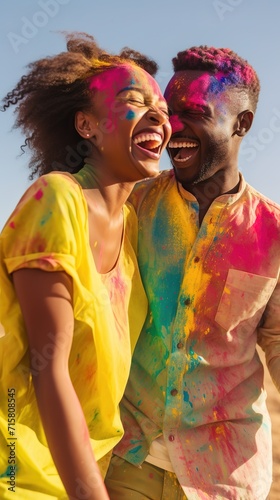 happy african couple in holi festival, colors powder, spontaneous laughter amidst vibrant hues, cultural events, colorful powder in air.