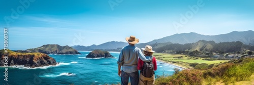 Senior couple admiring the scenic Pacific Ocean coast while hiking, filled with wonder at the beauty of nature during their active retirement photo