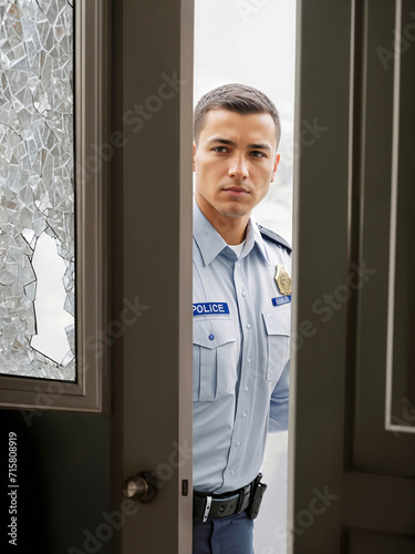 Careful police officer standing outside a door, broken glass, breaking and entering home invasion