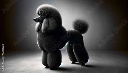 A majestic black standard poodle is portrayed in a dramatic light, its silhouette emphasizing the distinctive and elegant grooming style.Dog hairstyle concept. AI generated. photo