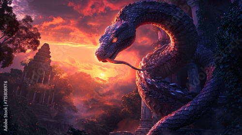 A Majestic Naga Serpent Coiling Around an Ancient Temple Ruins at Sunset, Symbolizing Mystery and Ancient Lore © Saran