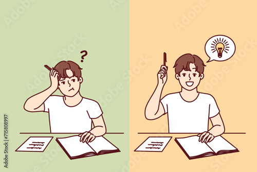 Progress schoolboy diligently doing assignments, sitting at school desk and becoming smarter thanks to quality education system. Stupid boy turns into smart boy after going to school