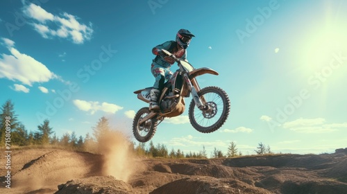 Extreme Motocross race Rider riding on the track jumping at high speed and height with a beautiful sky in high definition and quality  motorcycle race concept  motocross