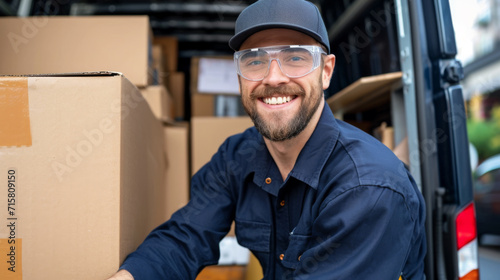 smiling delivery man in a blue uniform and safety goggles is handling boxes near a delivery van photo