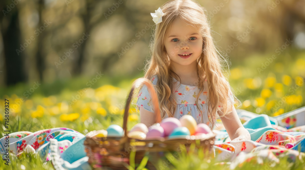 young girl with easter eggs hunt concept on spring day picnic young girl with easter eggs hunt concept on spring day picnic