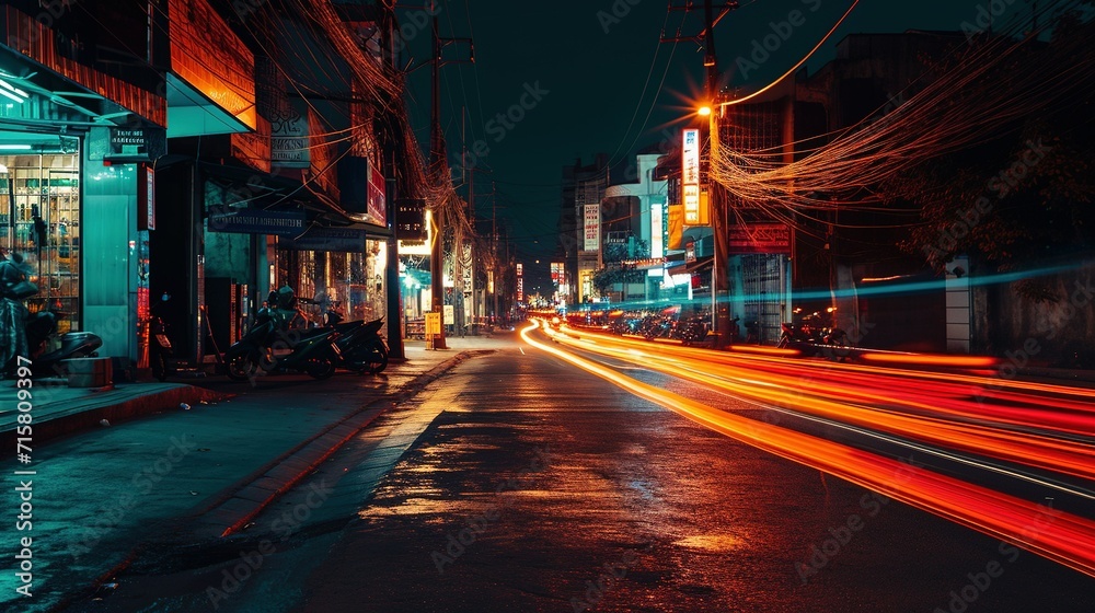 Asian night city, light trails on the street in an Asian country. Created with Generative Ai technology.