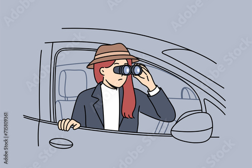 Woman detective secretly spies on boyfriend, looking out of car with binoculars in hands, due to lack trust in relationship. Detective conducts investigation, looking for evidence person dishonesty.