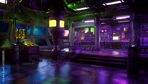 Control room in a science fiction space station or ship.  3D illustration.