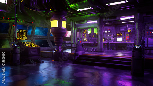 Fototapeta Naklejka Na Ścianę i Meble -  Control room in a science fiction space station or ship.  3D illustration.