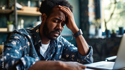 Man feeling stressed while working on his laptop. He has his head in hands, a pained expression on face, signifying a headache, frustration, or exhaustion.