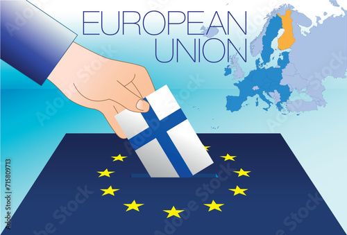 European Union, voting box, European parliament elections, Finland flag and map, vector illustration