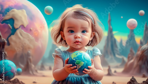 Planet Earth in the children's hands of a beautiful touching baby.