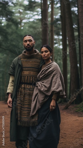 Full-length portrait of a young man and woman adorned in traditional Middle Eastern and Central Asian garments, standing gracefully in a serene forest setting. Cultural diversity, ethnic clothing