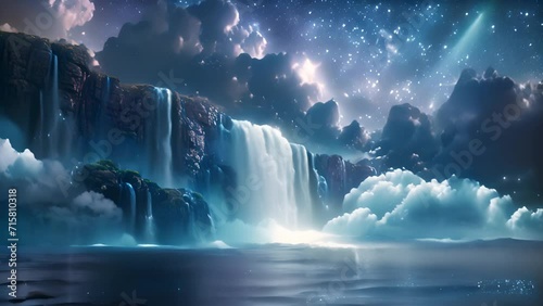 Waterfall landscape with magical sparkling lights. Fantastic fairy tale background, digital art. Illustration of a mountain dawn landscape with waterfalls. Beautiful nature water flowing