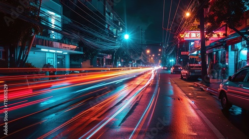 Asian night city, light trails on the street in an Asian country. Created with Generative Ai technology. © Viktor