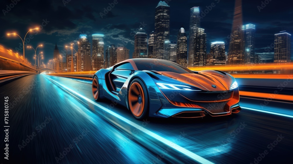 A supercar racing at high velocity on the city road, showcasing speed and excitement.