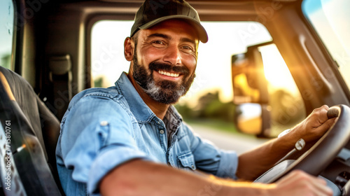 smiling bearded truck driver wearing a cap and a denim shirt is seated in the cab of a truck