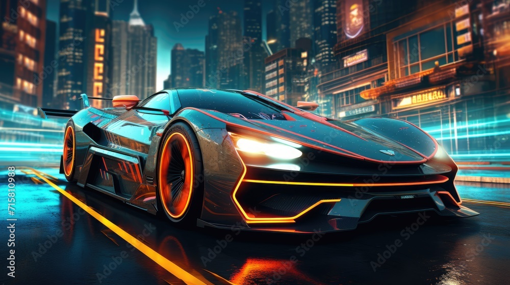 A cutting-edge futuristic car cruising through the neon-lit streets of a cyber city under the night sky. A cutting-edge futuristic car cruising through the neon-lit streets of a cyber city under the night sky.