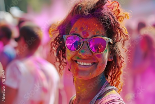 portrait happy smiling young girl celebrating holi festival, colorful face, vibrant powder paint explosion, joyous festival.