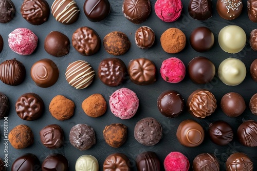 Assorted chocolate pralines seen from above.