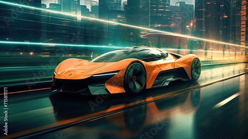 Fototapeta Naklejka Na Ścianę i Meble -  A cutting-edge futuristic car cruising through the neon-lit streets of a cyber city under the night sky.