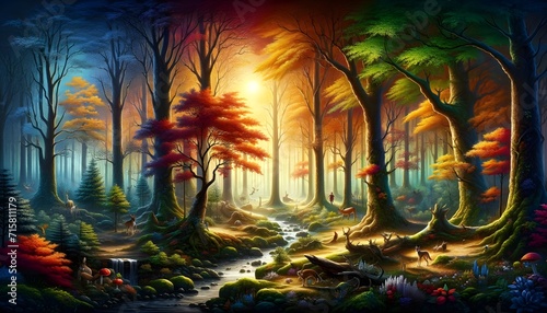Paysage forestier automnal capturant un lever du soleil à travers les arbres, fusionnant art et nature en une scène abstraite.
