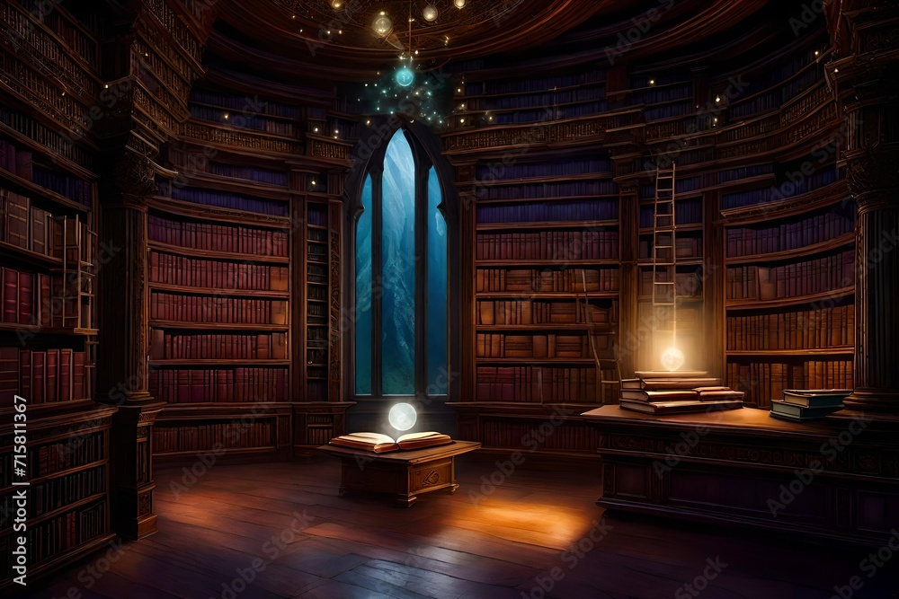 The library, with towering shelves of mystical books, is bathed in the soft, mystical glow of floating orbs of light The library, with towering shelves of mystical books, is bathed in the soft, mystical glow of floating orbs of light