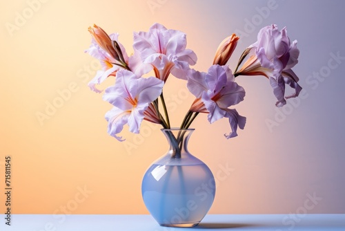 Iris flower bouquet in a blue vase on peach and purple background © Irina Kozel