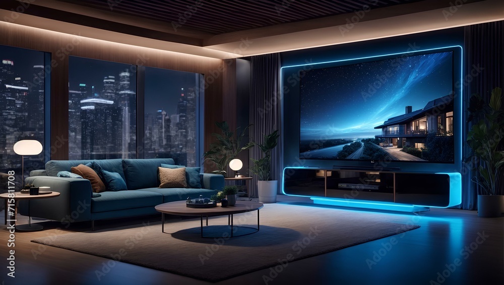 Living room of a luxury house and a window showing the city from a skyscraper