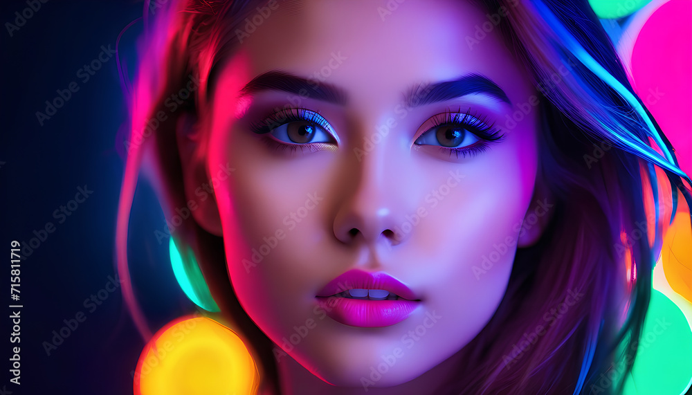 Girl model with neon effects lighting on face