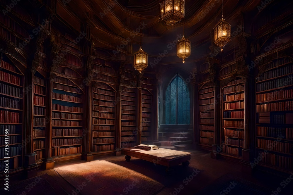 The library, with towering shelves of mystical books, is bathed in the soft, mystical glow of floating orbs of light - obrazy, fototapety, plakaty 