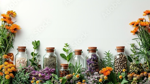 Top view of natural Medicinal Herbs bottles and leaves in a clean surface like a frame and copy space inside it, Generative AI.