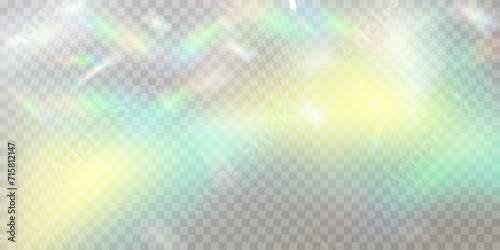 Colourful vector lens, crystal rainbow light and flare transparent effects.Overlay for backgrounds.Triangular prism concept. photo