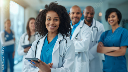 diverse group of smiling healthcare professionals, including doctors and nurses photo
