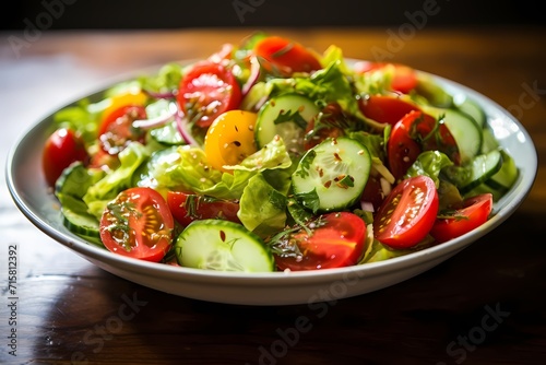 A colorful salad with crisp lettuce, juicy tomatoes, and crunchy cucumbers, drizzled with a tangy vinaigrette.