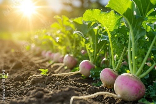Growing radish harvest and producing vegetables cultivation. Concept of small eco green business organic farming gardening and healthy food. photo