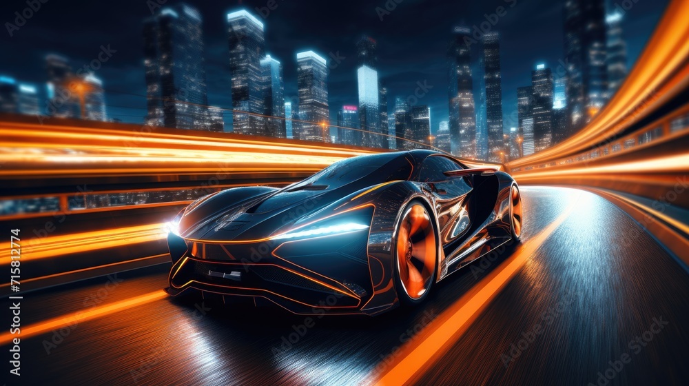 A sleek, advanced car gliding through the luminous streets of a cyber city, aglow with neon lights after dark.