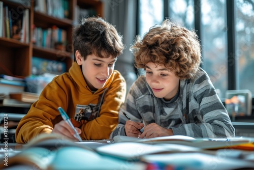 boys in classroom , students writing, learning school studying and education 